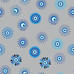 Evil eye Heavenly seamless pattern with suns, moons, stars, palms. For textiles, souvenirs, household goods.