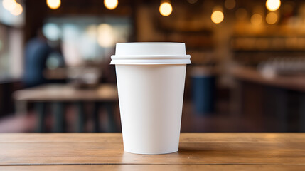 close up of neat white paper coffee cup  (medium size) on table - blur background