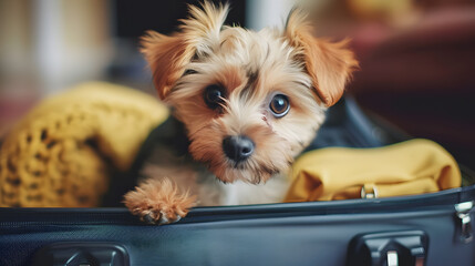 puppy is sitting in a suitcase and looking at camera