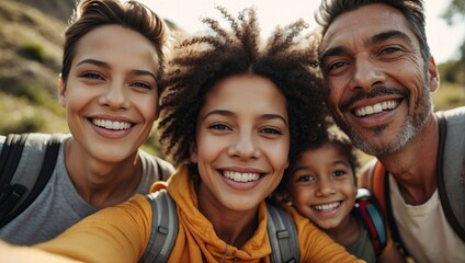 Joyful family selfie on a sunny day outdoors with a mother, father, and two children wearing backpacks and caps, smiling broadly amidst a mountainous backdrop.