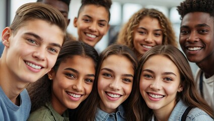 Obraz premium Wide-angle selfie of a group of ethnically diverse teenagers with beaming smiles, gathered closely together in a bright indoor setting, exuding a sense of joy and friendship