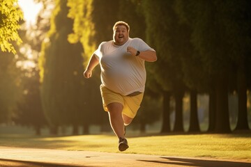A overweight man is captured mid-stride while jogging in a park, the early morning sun casting a warm glow on the path, embodying motivation and a commitment to health
