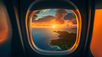view from an airplane window - islands and ocean under beautiful sunset 
