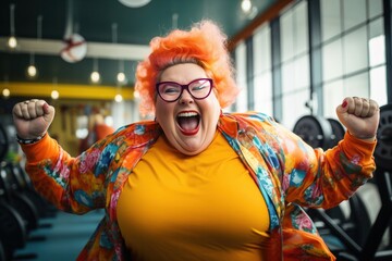A jubilant plus-size woman with vivid orange hair and stylish glasses exults with fists raised in a gym setting, wearing a colorful floral jacket over a yellow shirt