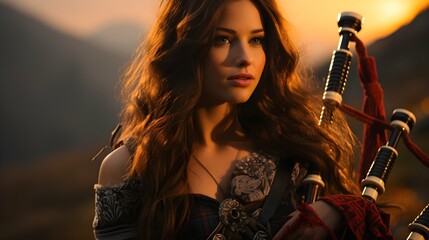 Mountain girl beautiful brown-haired girl with bagpipes in the golden hour