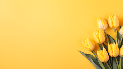 beautiful bunch of ember, yellow tulips flowers on decent yellow background - the background offers lots of space for text	 - obrazy, fototapety, plakaty