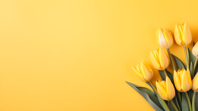 beautiful bunch of ember, yellow tulips flowers on decent yellow background - the background offers lots of space for text	