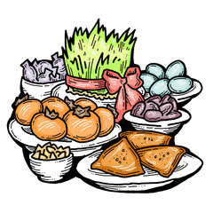 Spring Persian celebration of Nowruz with traditional green weeds, sweets, fruits table decoration. Hand drawn retro vintage colorful illustration. Old school style drawing.