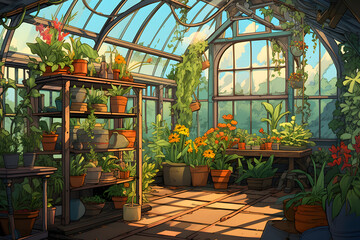 Fototapeta na wymiar Cartoon greenhouse illustrated greenhousse, cartoon, growing plants in a cartoon greenhouse