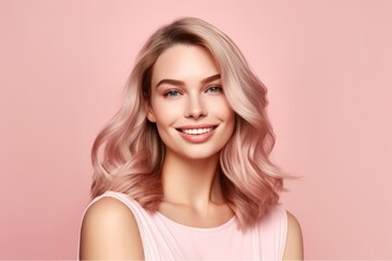 Woman With Blonde Hair on Pink Background
