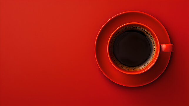 top down image of red cup full of dark black coffee on red background