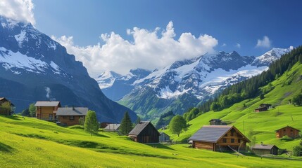 Scenic View of Mountain Range With Houses in the Foreground, Alpine old style village