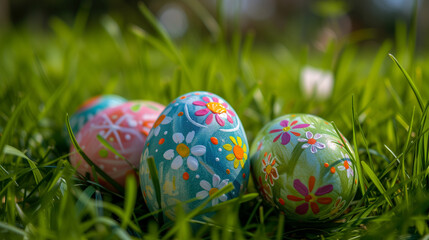 Decorated and painted easter eggs laying in the grass. Eggs in field with colorful patterns. Peace, nature and easter theme.
