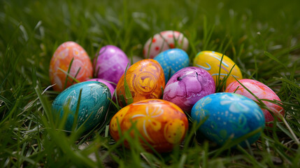 Fototapeta na wymiar Decorated and painted easter eggs laying in the grass. Eggs in field with colorful patterns. Peace, nature and easter theme.