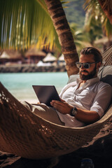 A stylish man in sunglasses unwinds in a hammock with a tablet, surrounded by tropical scenery.
