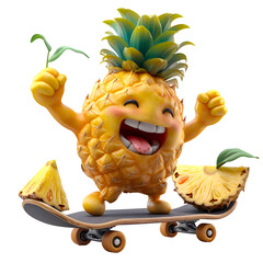 A 3D animated cartoon render of a joyful pineapple character riding a skateboard and balancing on a pineapple slice. Created with generative AI.