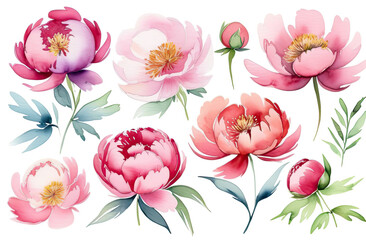 peonies. clipart set isolated on white background, botanical herbal watercolor illustration for wedding or greeting card, wallpaper, wrapping paper design, textile, scrapbooking