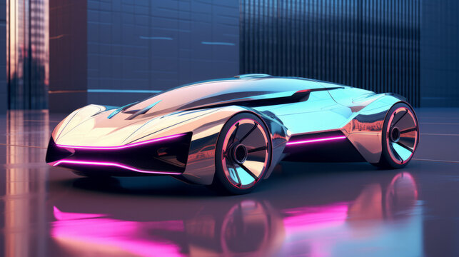 A sci-fi car in fluorescent and neon colors in a futuristic city