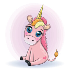 Pink unicorn pony sitting. Cute baby card, baby girl with big eyes