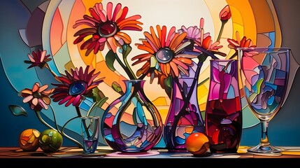 Colorful Stained Glass Style Still Life Artwork