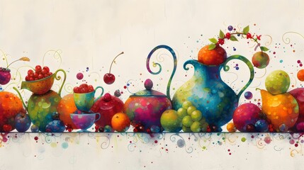Obraz na płótnie Canvas Colorful Still Life of Fruits and Pottery