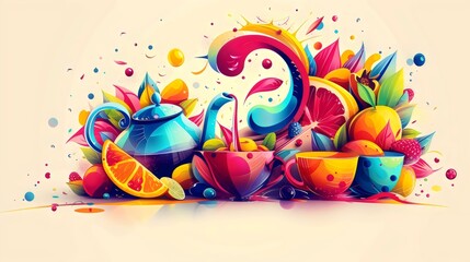 Colorful Abstract Art of Teatime with Fruits and Splashes