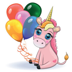Blue unicorn pony sitting. Cute baby card, baby with big eyes
