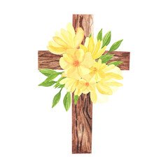 Watercolor cross with abstract yellow flowers. Easter catholic religious symbol. Orthodox cross for church and holidays. Latin symbol of the saint and spring floral arrangement