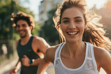 healthy lifestyle, couple running outdoors in city park