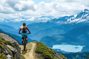 woman hiker in the mountains on bicycle