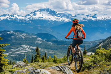 woman hiker in the mountains on bicycle