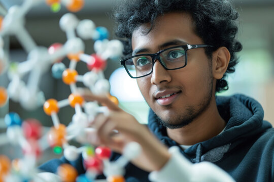 Student with molecular model, science education
