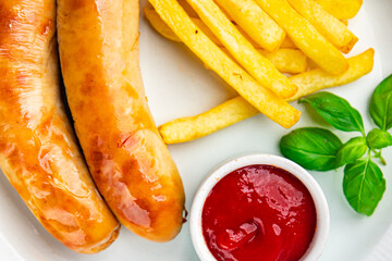 sausage french fries fast food fried meat and potatoes tasty fresh eating cooking meal food snack...