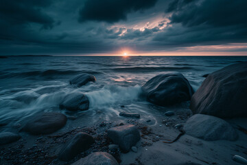 Obraz premium loveable evening view of the beach with sunset ai generated