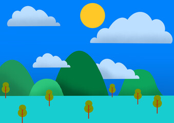 Fototapeta premium Illustration Landscape mountain bright day with cloud and sun flate design