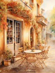 Fototapeta premium Cozy european Italy cafe outdoor in autumn, watercolor