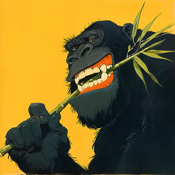 vintage cartoon illustration of a gorilla eating bamboo with yellow background