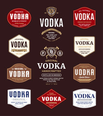 Vodka labels and packaging design templates. Vodka badges set. Distilling business branding and identity design elements