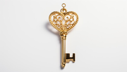 Love-themed heart-shaped golden key. White background. Isolated. Valentine's Day cards, Anniversary gifts, Romantic advertisements,  Wedding invitations, Romantic gestures illustrations