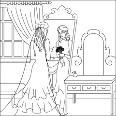 Fantasy drawing of beautiful girl in elegant wedding dress. Black and white page for coloring book. Greeting card for marriage ceremony. Worksheet for children and adults