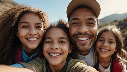 Family selfie on a hike, with smiling diverse siblings and parents, enjoying nature together.