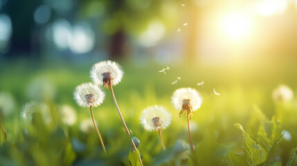 dandelion  flowers on a summer meadow with warm light