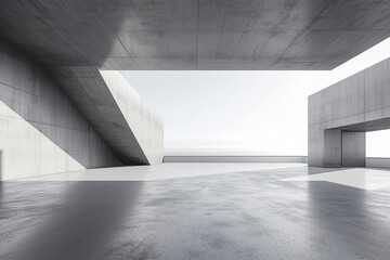 3D visualization of sleek modern architecture with a blank concrete floor for vehicle display - obrazy, fototapety, plakaty