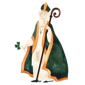 Saint Patrick, patron saint of Ireland. Religious Catholic saint. Full figure with staff and clover shamrock. Isolated watercolor illustration on white background. Character.