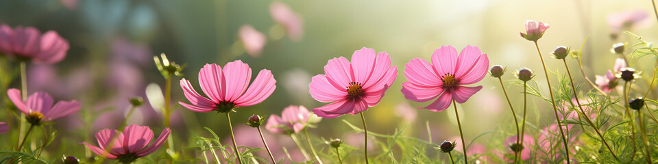 banner with pink garden cosmos flowers on a  summer meadow with warm light