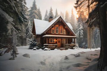 A cozy cabin in the woods surrounded by snow