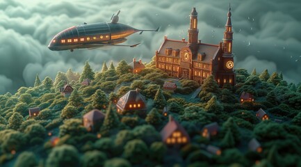 Steampunk 3D metropolis with towering clockwork skyscrapers, steam-powered airships