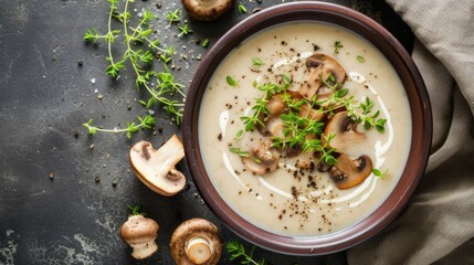 mushroom cream soup in a visually enticing photograph, showcasing the creamy texture and rich flavor of the soup in a bowl from a top-down perspective, leaving ample space for personalized text.