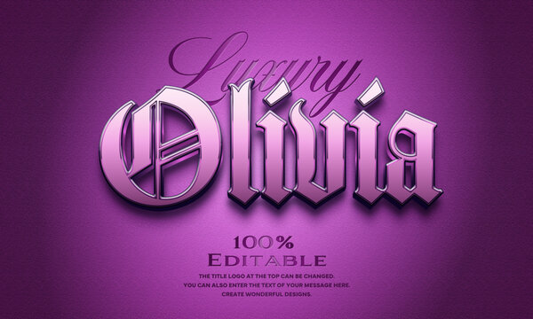 [Editable Text Effect] ”Luxury Olivia Logo” The title logo style is a glossy black letter typeface with a metallic shine on a purple background that looks moist and comfortable to the touch.