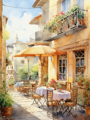 Cozy european Spain cafe outdoor, watercolor